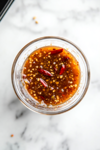 This image shows the prepared Vietnamese dipping sauce served in a small bowl, garnished with thinly sliced red chili and carrot strips, ready to accompany spring rolls or salads.