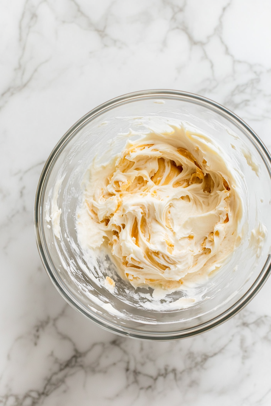 This image shows butterscotch chips being melted and mixed into softened butter to create the frosting. A large mixing bowl sits on the counter, and powdered sugar is gradually being added while the electric mixer whips everything into a smooth, creamy consistency. The mixture is turning into a rich, velvety butterscotch frosting ready to top the cake.