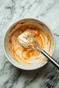 his image shows a small mixing bowl with a creamy lime dressing being whisked together. The dressing is smooth and filled with spices, ready to be poured over the slaw ingredients.