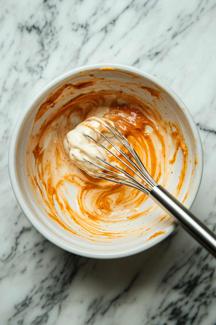 his image shows a small mixing bowl with a creamy lime dressing being whisked together. The dressing is smooth and filled with spices, ready to be poured over the slaw ingredients.