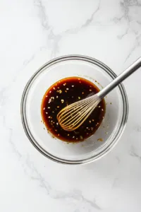 This image shows the process of whisking together soy sauce, hoisin, ginger, garlic, sesame oil, green onions, and sugar in a small bowl. The ingredients are being mixed to create a smooth and flavorful dipping sauce for spring rolls.