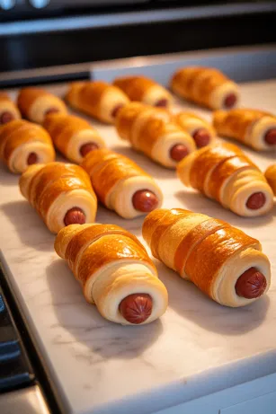 The wrapped hot dogs are placed on a foil-lined baking sheet on the white marble cooktop, with the pointed ends of the dough facing upward, arranged and ready for the oven.