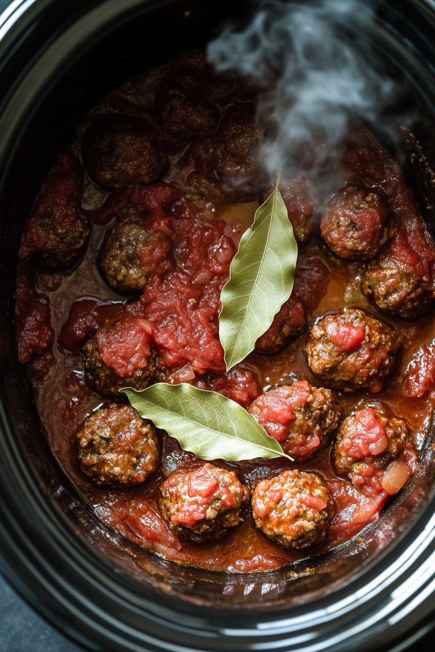 This image shows bay leaves being added to the crockpot, nestled among the layers of meatballs and sauce, to infuse the dish with a subtle, aromatic flavor as it cooks.