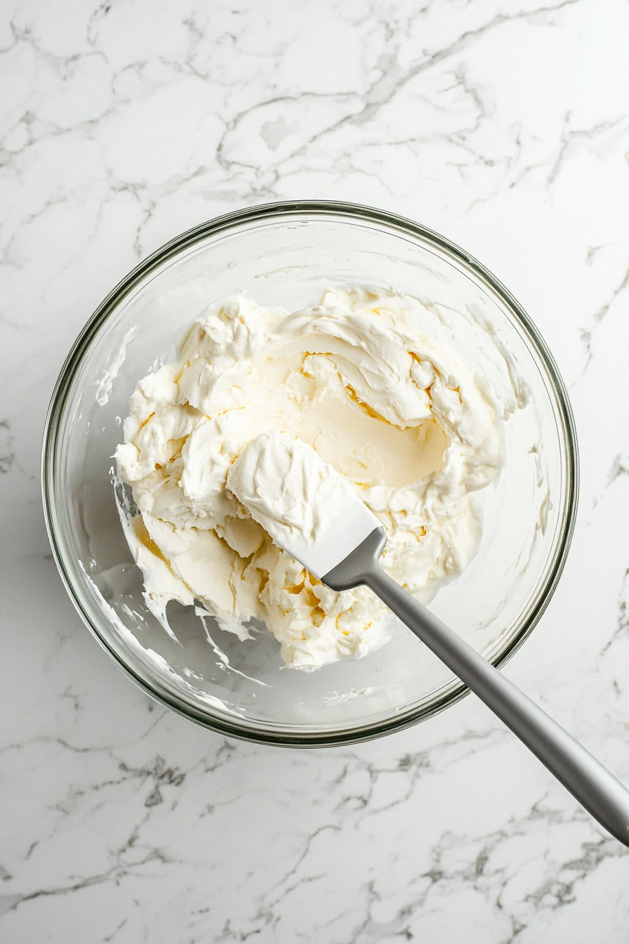 This image shows Cool Whip being added to the creamy cheesecake mixture, blending it gently to create a light, fluffy texture for the cherry cheesecake fluff.