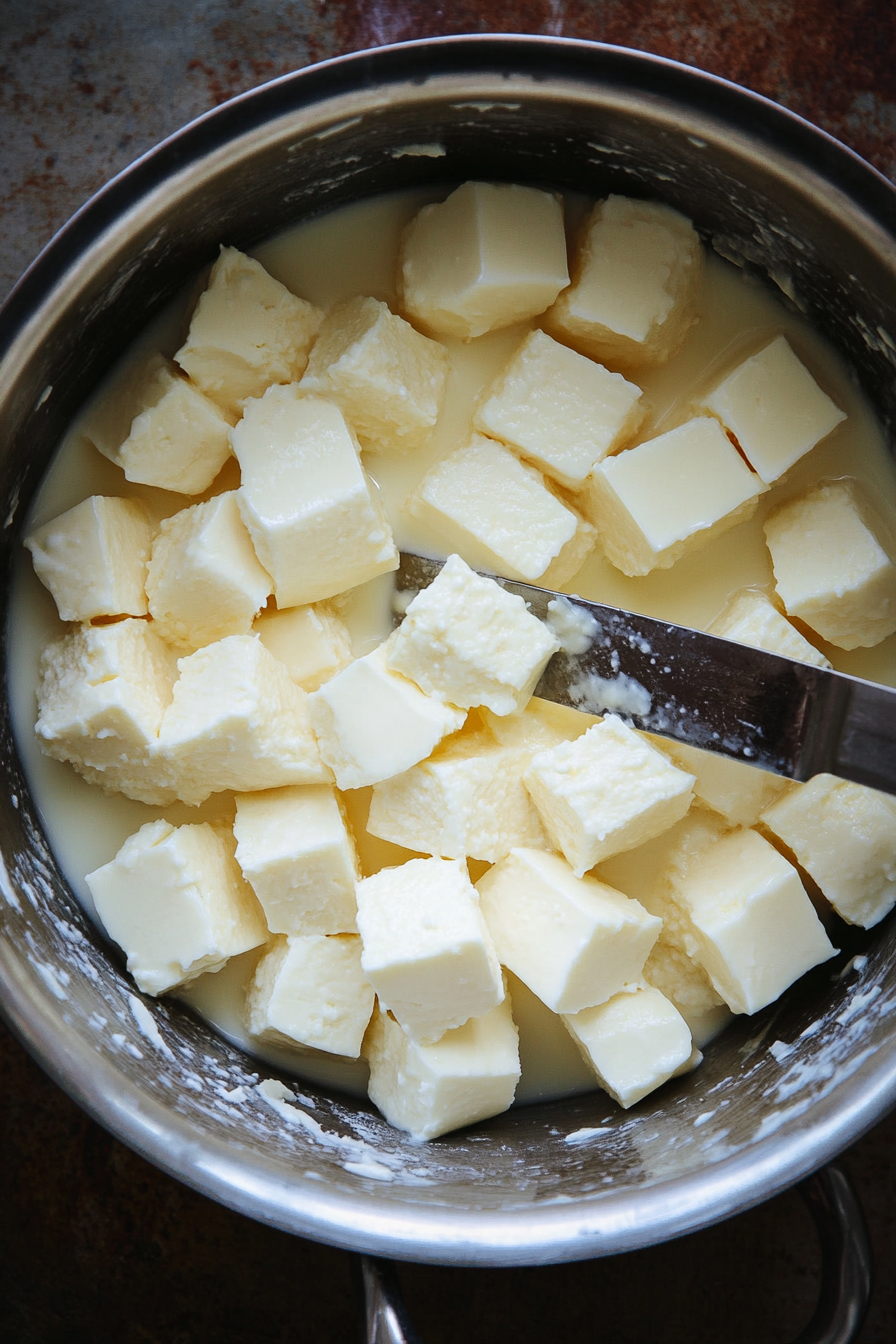 This image shows the process of adding diluted rennet to the milk mixture and cutting the formed curd into uniform cubes after it has set, a key step in making homemade cheese curds.