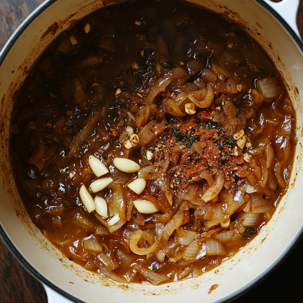 This image shows minced garlic and seasonings, including hot sauce and Worcestershire sauce, being stirred into the caramelized onions, infusing the soup with rich flavors.