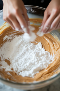 This image shows powdered sugar being added to the peanut butter and cream cheese mixture to sweeten the filling.