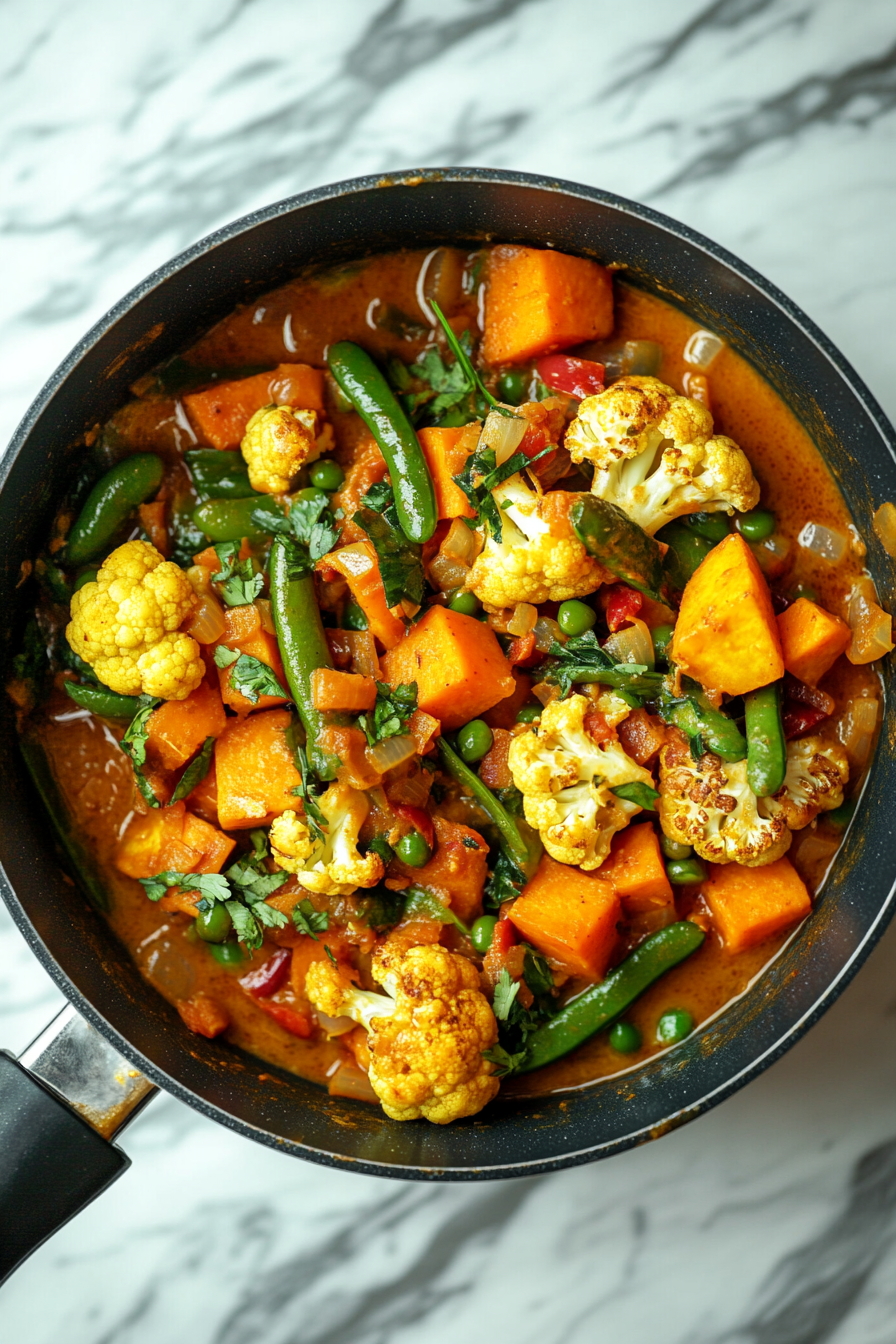 This image shows roasted cauliflower, snake beans, and golden sweet potato being added to the coconut curry sauce, where they will simmer until tender and infused with flavor.