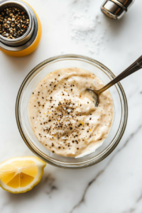 This image shows salt, pepper, and Worcestershire sauce being added to the tartar sauce for seasoning, ensuring a tangy and balanced flavor.