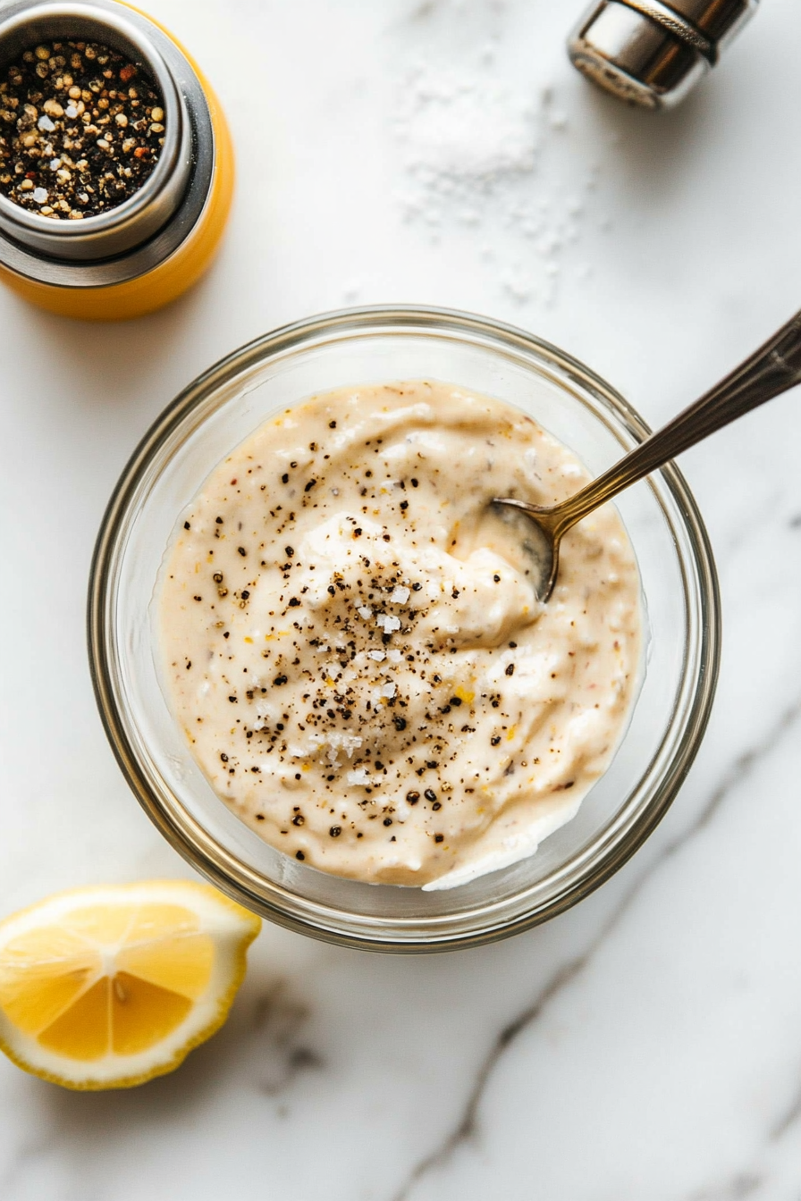 This image shows salt, pepper, and Worcestershire sauce being added to the tartar sauce for seasoning, ensuring a tangy and balanced flavor.