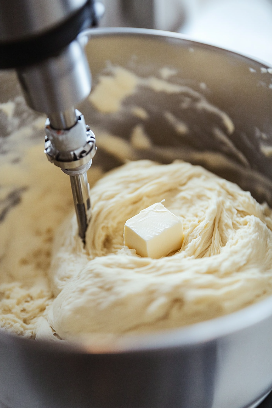 This image shows soft butter being added to the pretzel dough in a stand mixer, with the dough being kneaded until it becomes smooth and elastic, ensuring a rich and tender texture