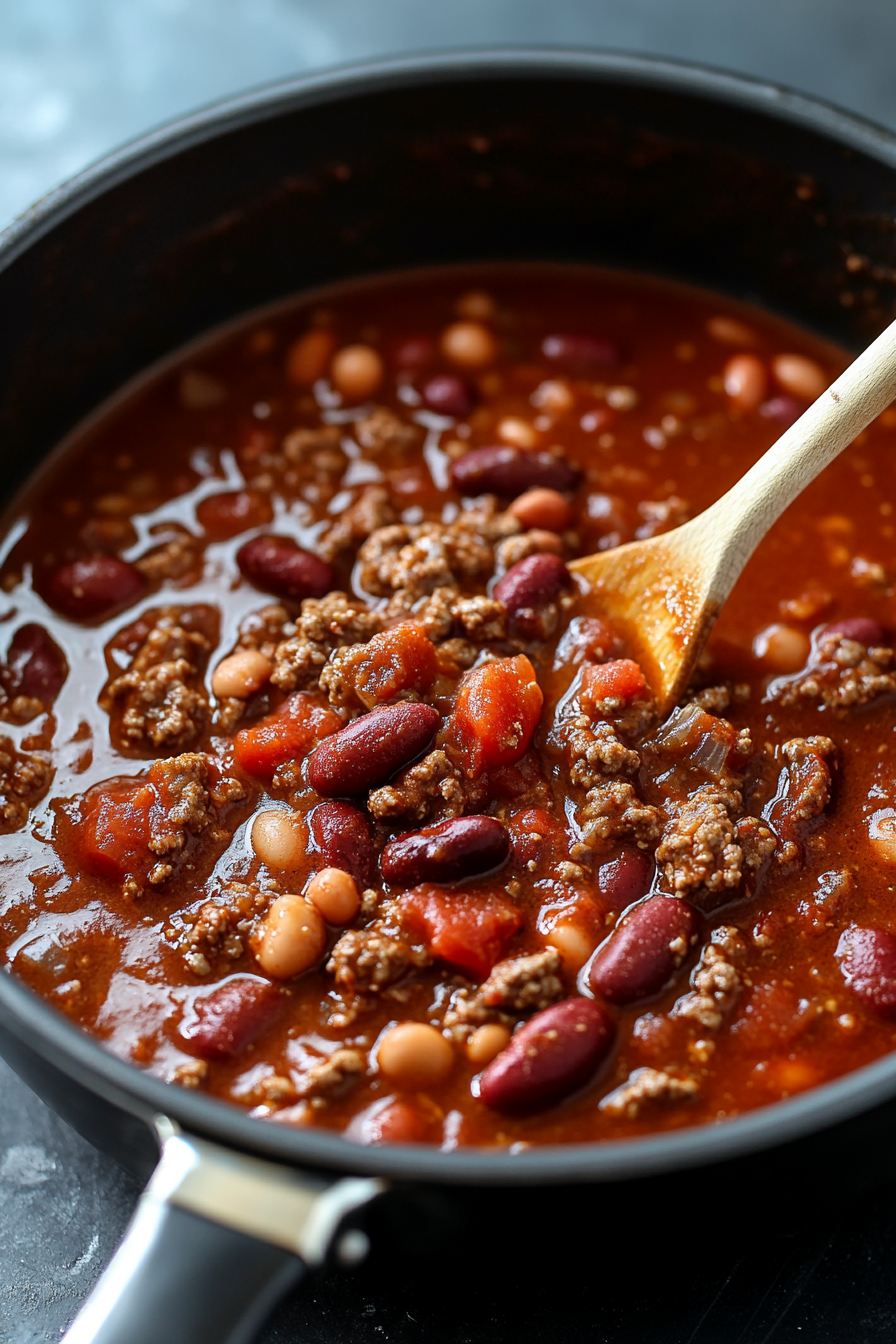 This image shows white vinegar being added to the chili just before serving, giving the dish a tangy and savory finish for a classic Wendy’s chili flavor.