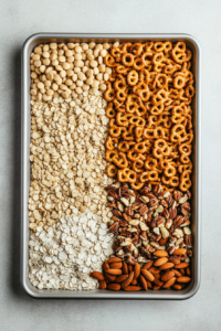 This image shows various dry ingredients like Cheerios, Wheat Chex, Rice Chex, Corn Chex, pretzel crisps, and nuts spread out on a baking pan, ready to be coated and baked.