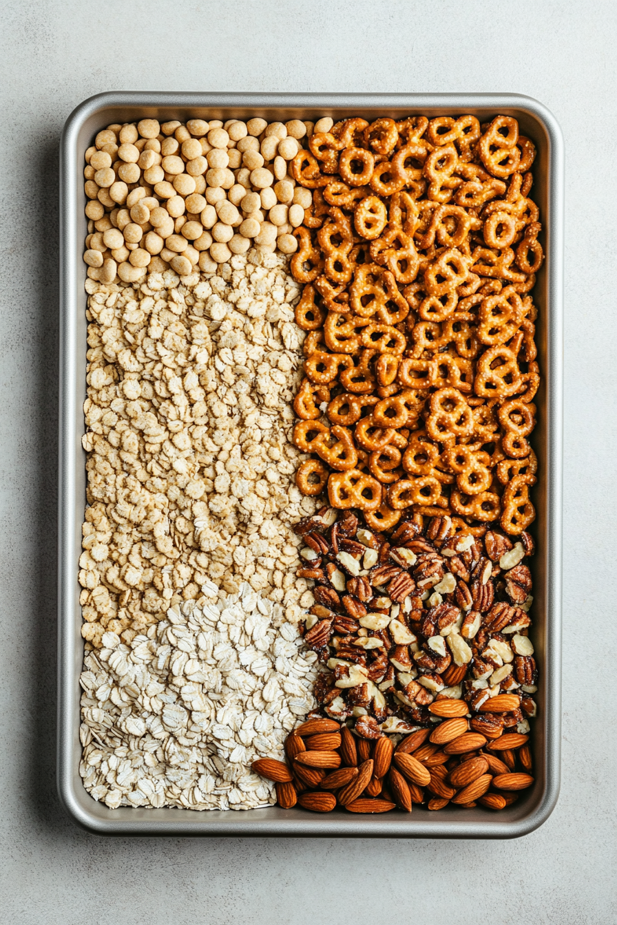 This image shows various dry ingredients like Cheerios, Wheat Chex, Rice Chex, Corn Chex, pretzel crisps, and nuts spread out on a baking pan, ready to be coated and baked.