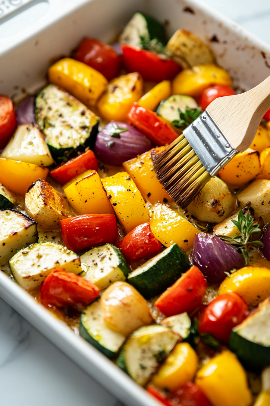 This image shows sliced eggplant, zucchini, and Roma tomatoes arranged in a colorful circular pattern over the tomato sauce, creating a beautiful vegetable display. the sliced vegetables being brushed with olive oil to enhance their flavor and help them cook evenly in the oven.