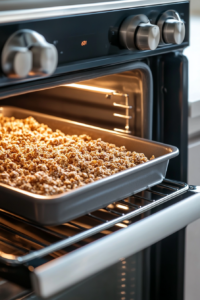 This image shows the Texas Trash mixture baking in the oven, with a golden brown color and a delicious aroma filling the kitchen as it cooks.