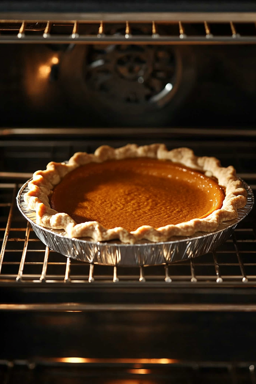 This image shows a pumpkin pie baking in the oven with aluminum foil protecting the crust edges from over-browning.