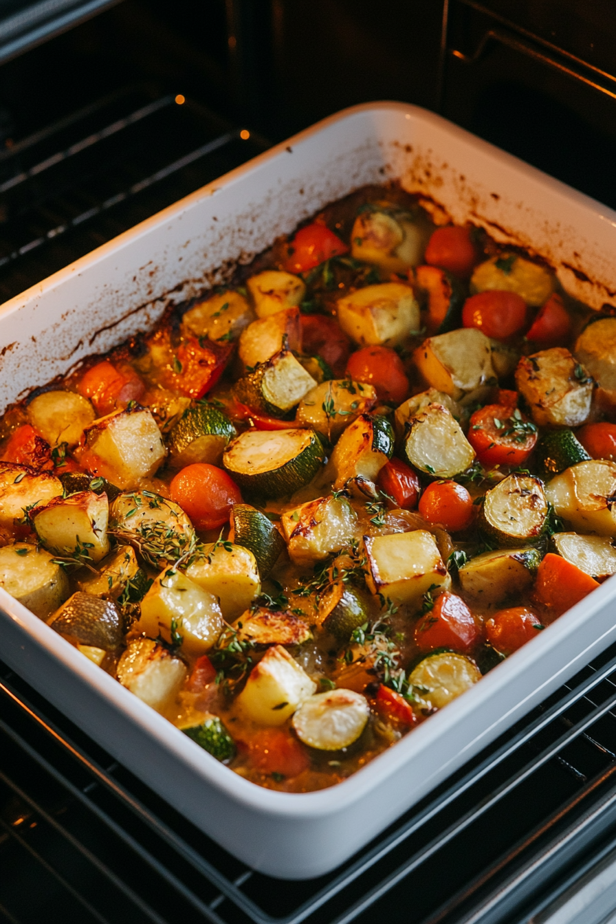 This image shows the ratatouille baking uncovered in the oven, allowing the vegetables to become tender and slightly caramelized.