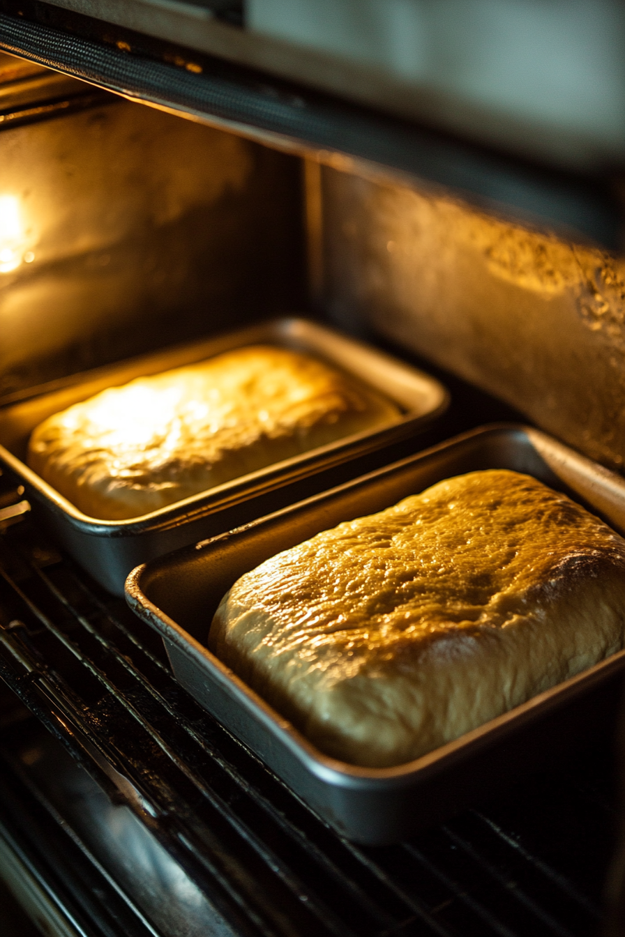 This image shows the dough baking in loaf pans in a 400°F oven, creating golden brown loaves with soft and fluffy interiors.