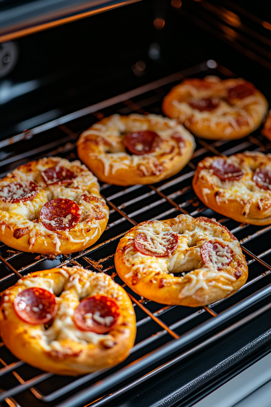 This image shows the pizza pretzels baking in the oven until they turn golden brown, with the cheese fully melted and the pepperoni crispy, creating a mouthwatering finish.