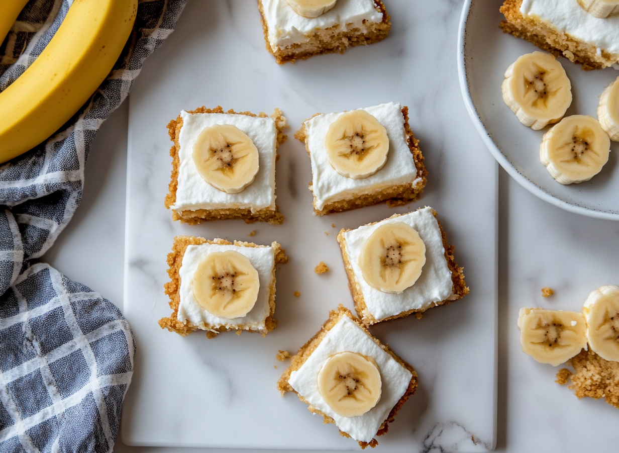 This image shows a beautiful display of banana cheesecake bars with a buttery Nilla Wafer crust, topped with optional whipped cream and fresh banana slices, showcasing a creamy and delicious dessert perfect for any occasion.