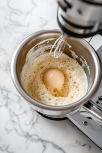 This image shows eggs being beaten in a stand mixer with the paddle attachment until they become frothy and slightly thick, an essential step for the Nutella cake batter.