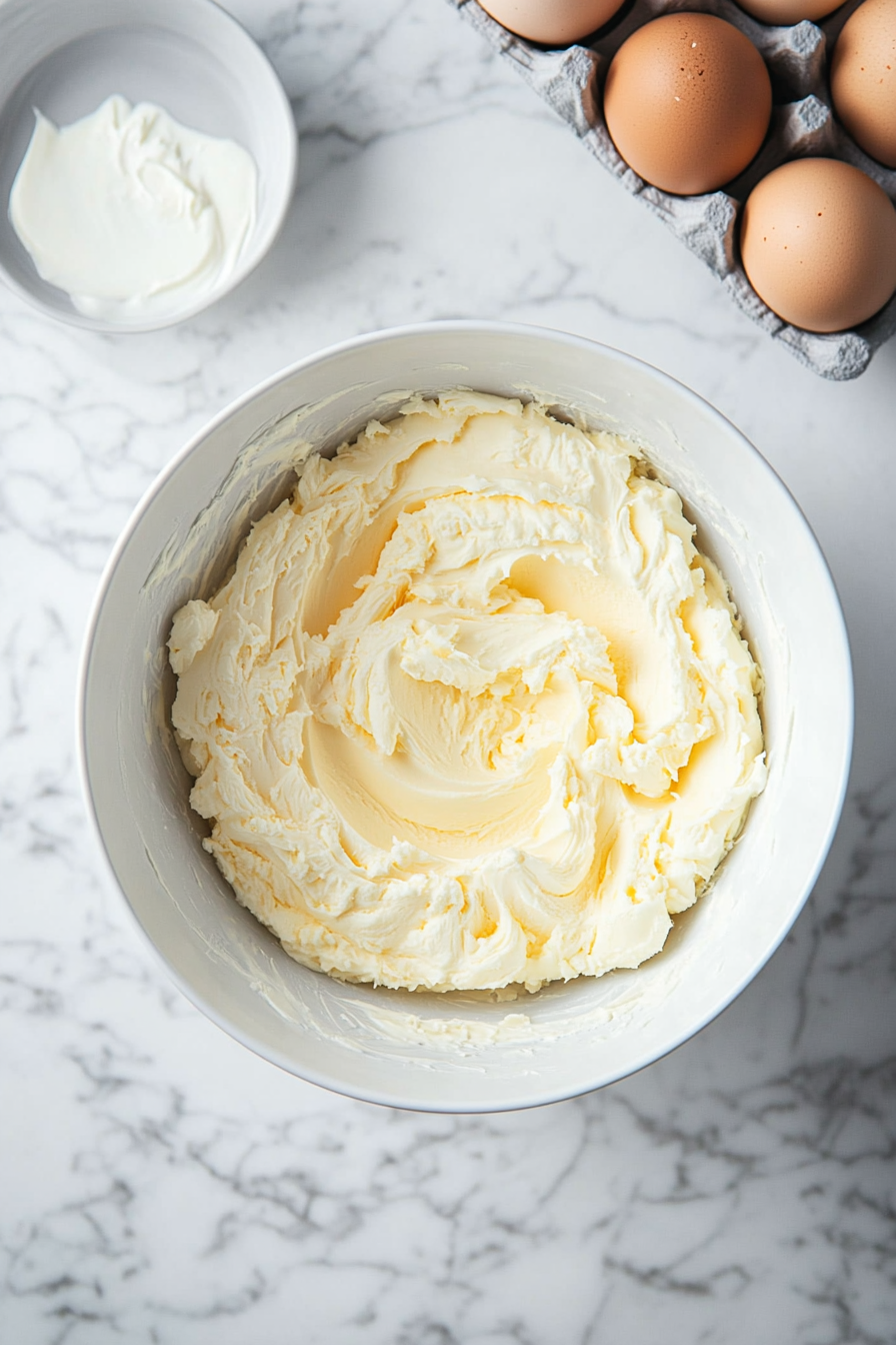 This image shows eggs, yogurt, and vanilla extract being beaten into the creamed butter and sugar mixture, creating a smooth and creamy wet ingredient mixture for the muffin batter.