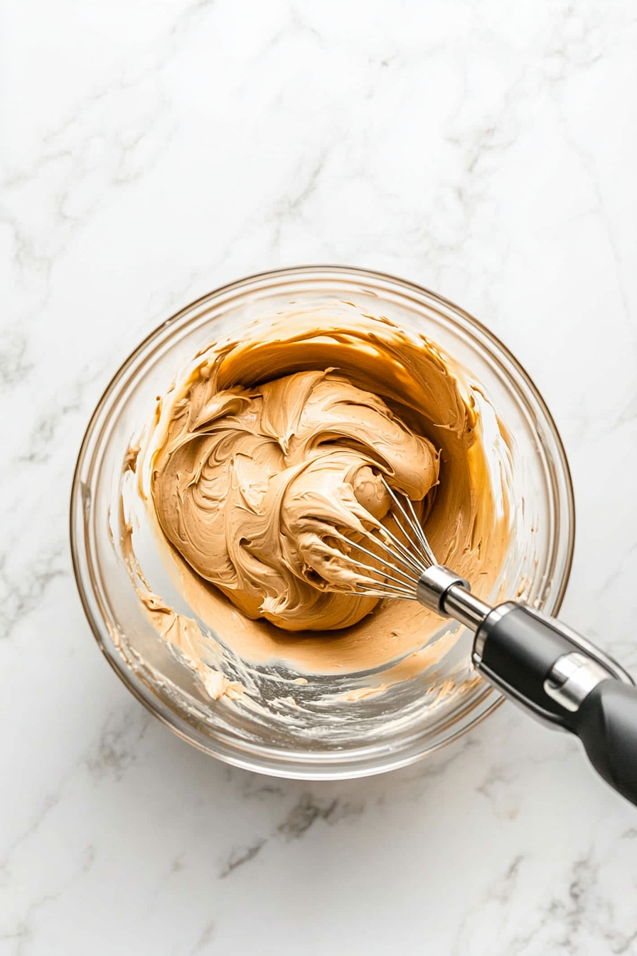 This image shows peanut butter and softened cream cheese being beaten together in a mixing bowl to create a smooth filling.