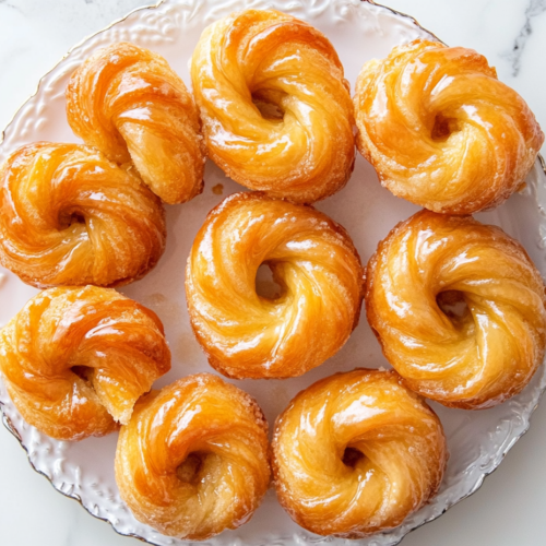 This image shows beautifully arranged French crullers, showcasing their golden crisp exterior and glossy vanilla glaze, highlighting the classic dessert’s elegant presentation.