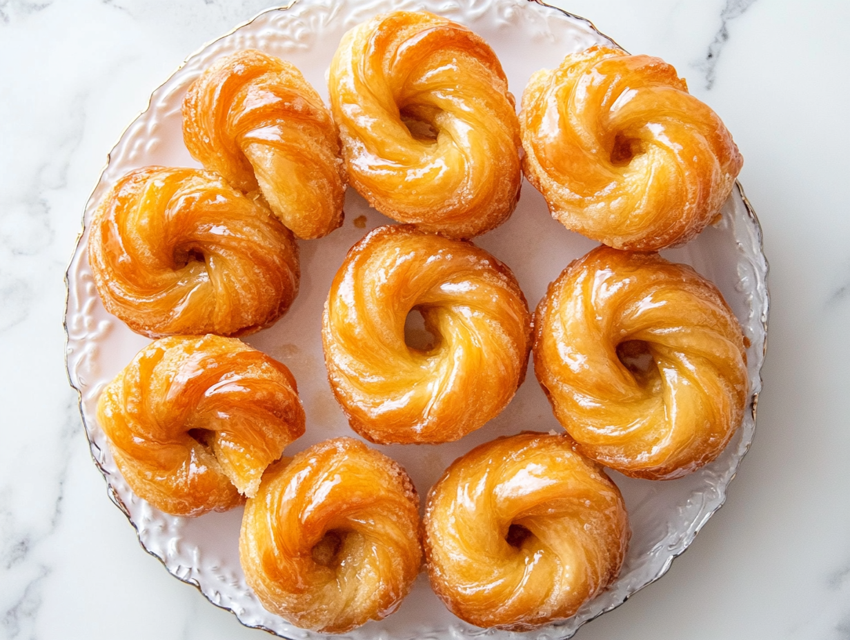 This image shows beautifully arranged French crullers, showcasing their golden crisp exterior and glossy vanilla glaze, highlighting the classic dessert’s elegant presentation.