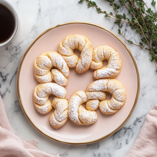 This image shows a beautifully arranged plate of Kringla cookies, showcasing their classic figure-eight shapes and golden brown finish, perfect for a festive presentation.