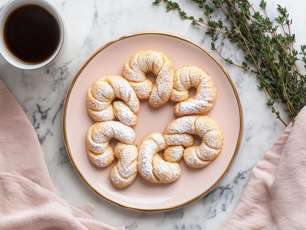 This image shows a beautifully arranged plate of Kringla cookies, showcasing their classic figure-eight shapes and golden brown finish, perfect for a festive presentation.