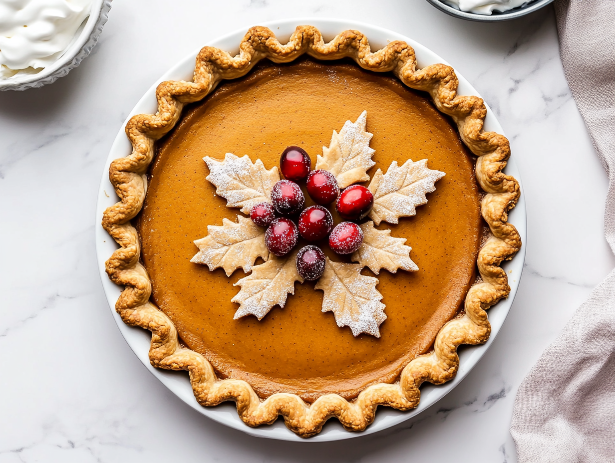 This image features a whole pumpkin pie decorated with sugared cranberries and pie crust leaves, highlighting the finished, festive dessert ready for serving.