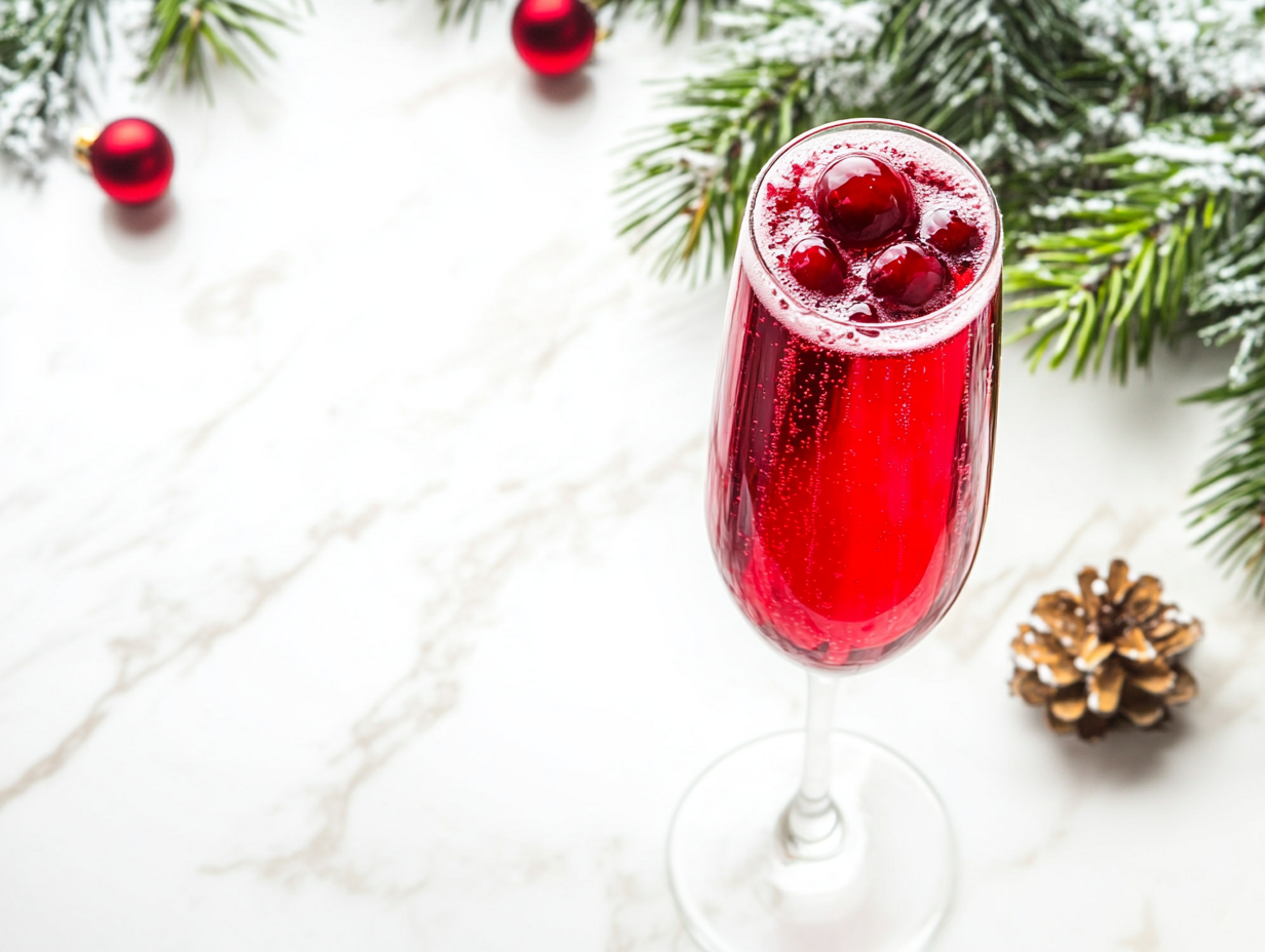 This image shows a beautifully garnished Christmas mimosa in a champagne flute, featuring sugared cranberries and a rosemary sprig, capturing the festive spirit of the holiday drink.