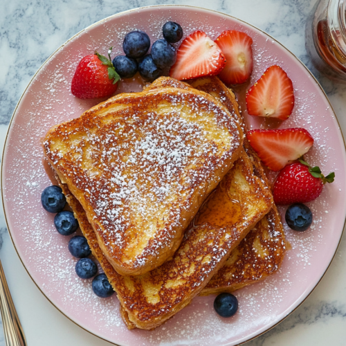 This image shows a beautifully presented Nutella French toast on a plate, topped with a dusting of powdered sugar and fresh berries, capturing the indulgence of this breakfast treat.