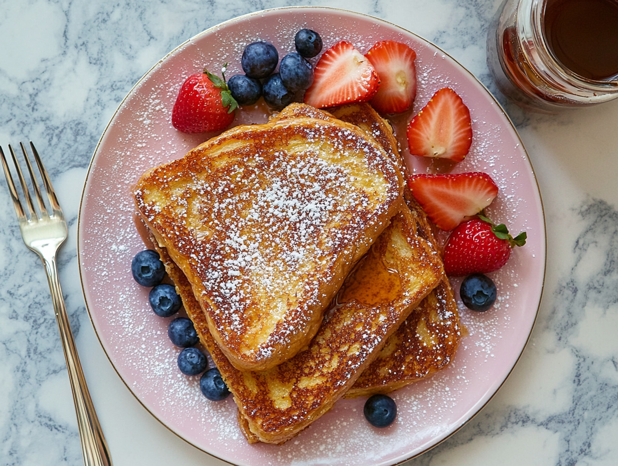 This image shows a beautifully presented Nutella French toast on a plate, topped with a dusting of powdered sugar and fresh berries, capturing the indulgence of this breakfast treat.