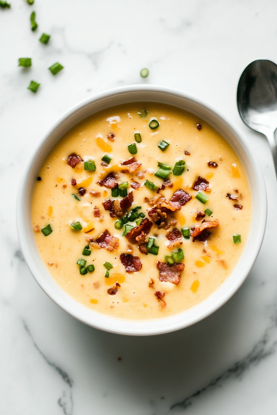 This image shows a bowl of creamy beer cheese soup, topped with crispy bacon and fresh green onions, ready to be served and enjoyed.