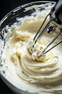 This image shows cream cheese, butter, powdered sugar, and vanilla extract being blended until smooth and creamy, preparing the cream cheese frosting for the peach cake.