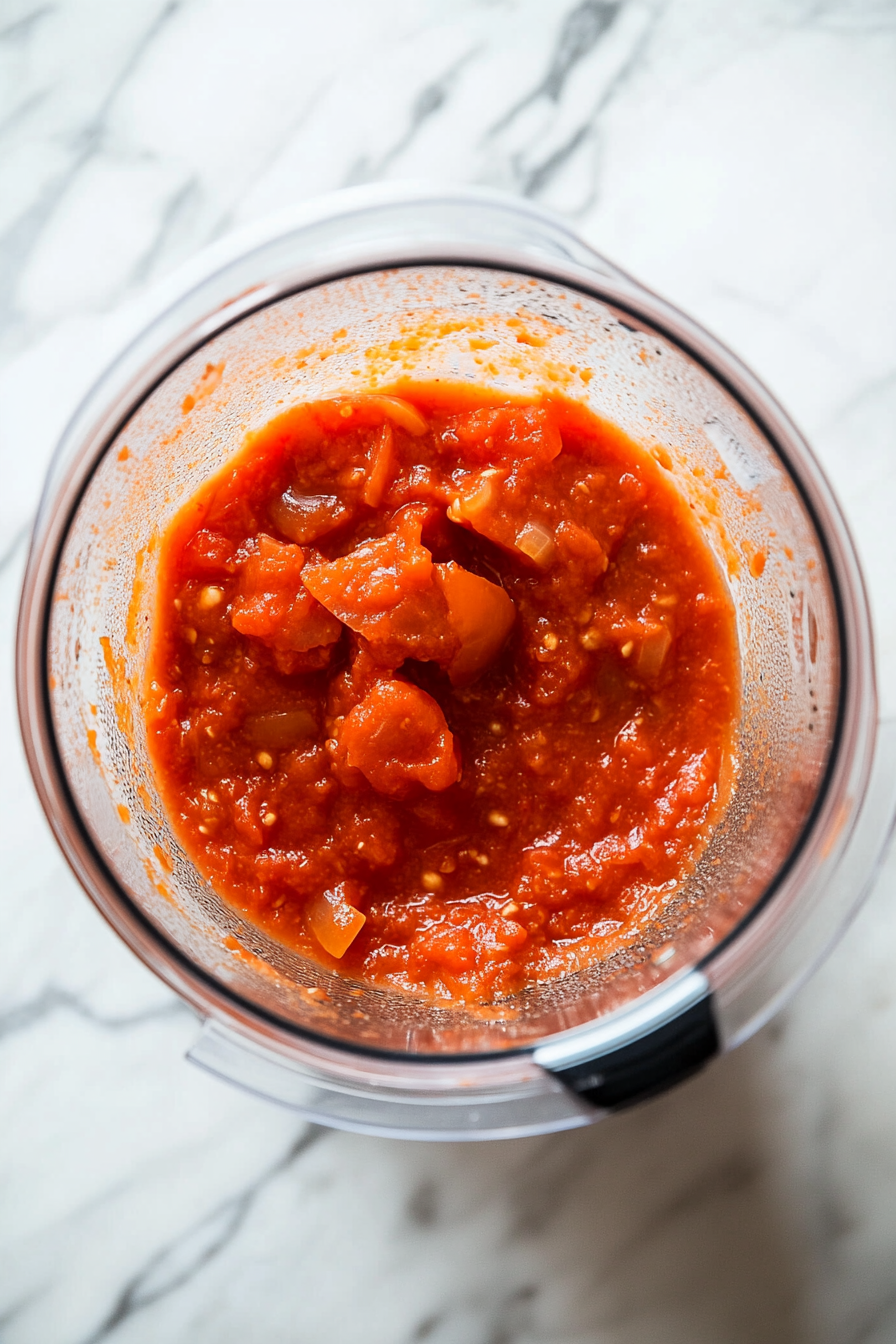 This image shows the ingredients, including fire-roasted tomatoes, tomato sauce, and Italian seasoning, being blended together to create a rich and flavorful marinara sauce for the Italian meatballs.