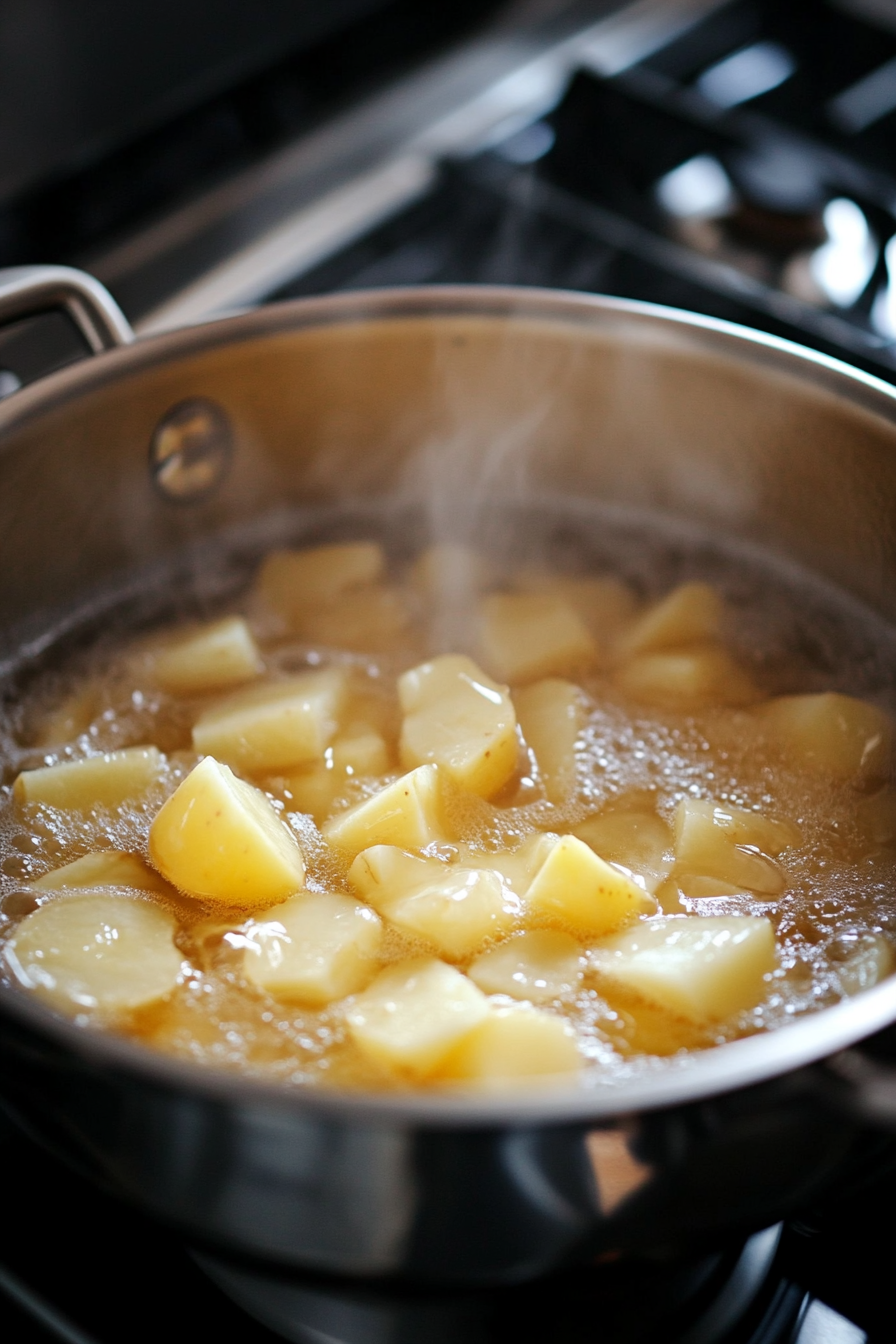 This image shows cubed potatoes boiling in a large pot of salted water, being cooked until slightly tender to ensure perfect texture for the hashbrowns.