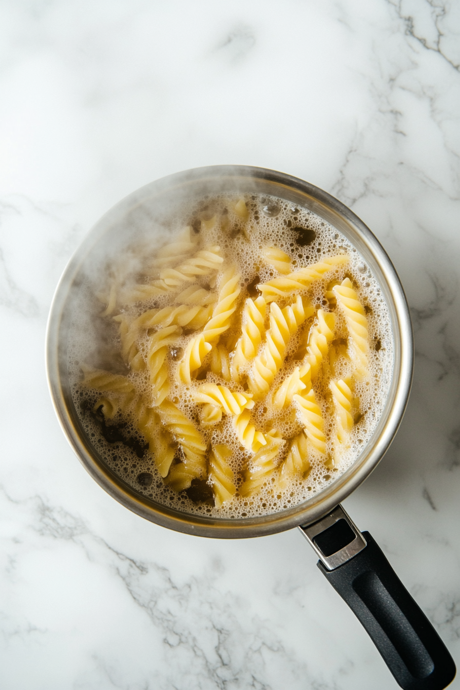 This image shows pasta boiling in a large pot until tender, then being drained and set aside, ready to be combined with salmon and spinach in the spinach salmon pasta recipe.