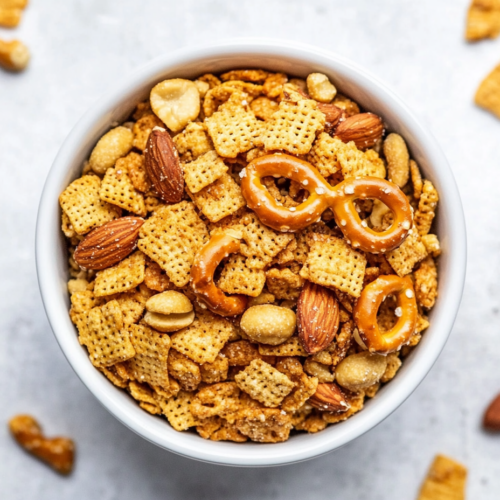 This image showcases a bowl of Texas Trash snack mix, featuring a crunchy blend of cereals, pretzels, and nuts, highlighting the savory and buttery snack that's perfect for casual gatherings or snacking at home.