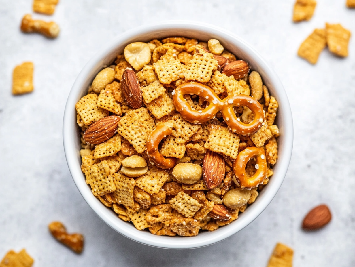 This image showcases a bowl of Texas Trash snack mix, featuring a crunchy blend of cereals, pretzels, and nuts, highlighting the savory and buttery snack that's perfect for casual gatherings or snacking at home.