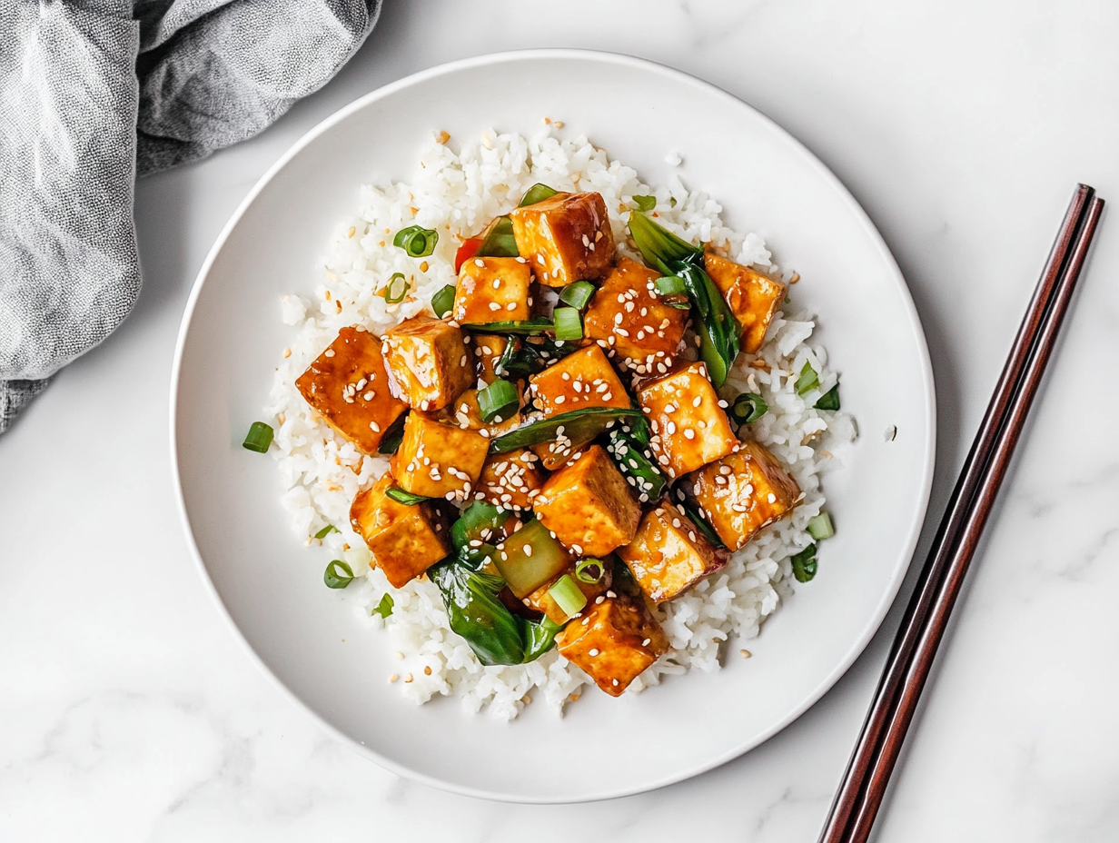 This image shows a bowl of Chinese tofu stir fry with golden fried tofu cubes, sautéed vegetables, and a savory sauce, served over steamed rice and garnished with fresh green onions and sesame seeds for a delicious meal.