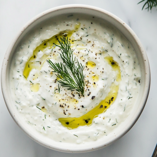 This image shows a bowl of creamy vegan tzatziki sauce, garnished with fresh dill and ready to serve, offering a refreshing, dairy-free option perfect for dipping or topping various dishes.