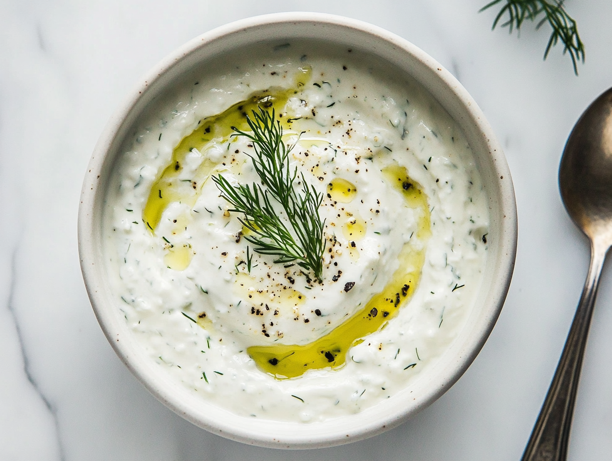 This image shows a bowl of creamy vegan tzatziki sauce, garnished with fresh dill and ready to serve, offering a refreshing, dairy-free option perfect for dipping or topping various dishes.