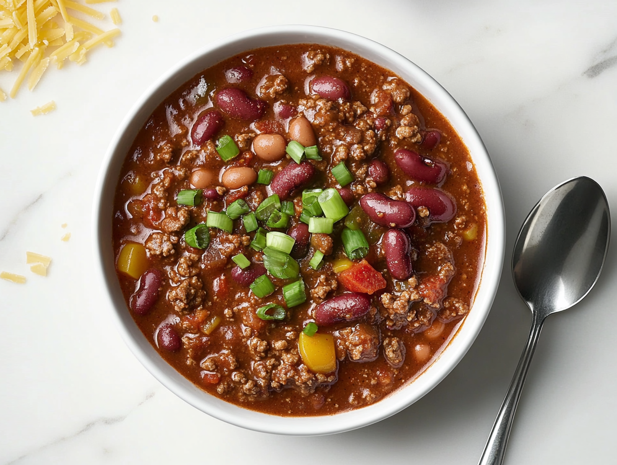 This image shows a bowl of hearty Wendy’s chili, filled with ground beef, beans, and tomatoes, and topped with a spoon for serving, ready to enjoy as a comforting and flavorful meal.