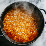 This image shows a bowl of vegan chicken noodle soup, featuring tender noodles, chunks of vegan chicken, sliced carrots, celery, and onion, all in a savory broth. The soup is garnished with fresh herbs and served with a spoon, ready to be enjoyed.