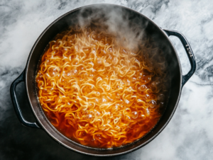 This image shows a bowl of vegan chicken noodle soup, featuring tender noodles, chunks of vegan chicken, sliced carrots, celery, and onion, all in a savory broth. The soup is garnished with fresh herbs and served with a spoon, ready to be enjoyed.