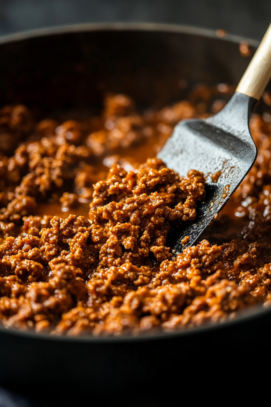 This image shows the ground beef being broken into small crumbles as it cooks and fully browns, creating the perfect base for the chili.